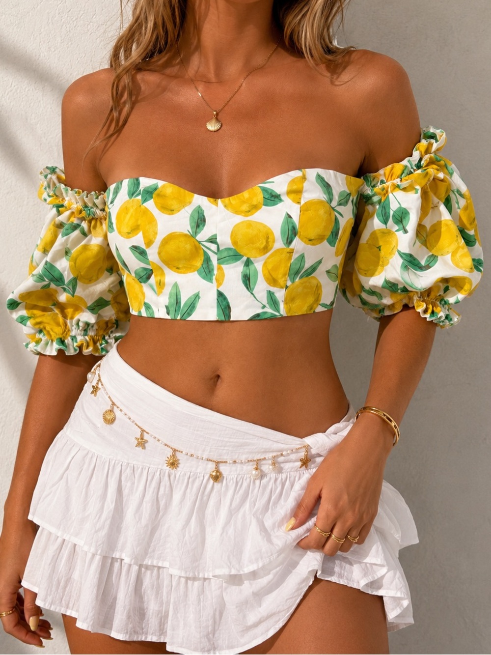 Lemon Print Puff Sleeve Crop Top Cottagecore Summer Bardot XL